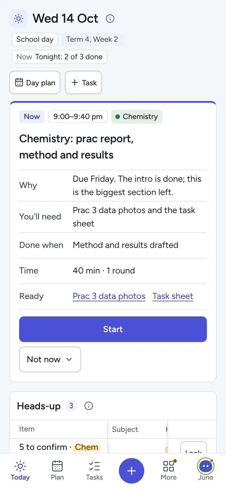 The study planner’s Today screen on a phone, with the Now card and a Start button